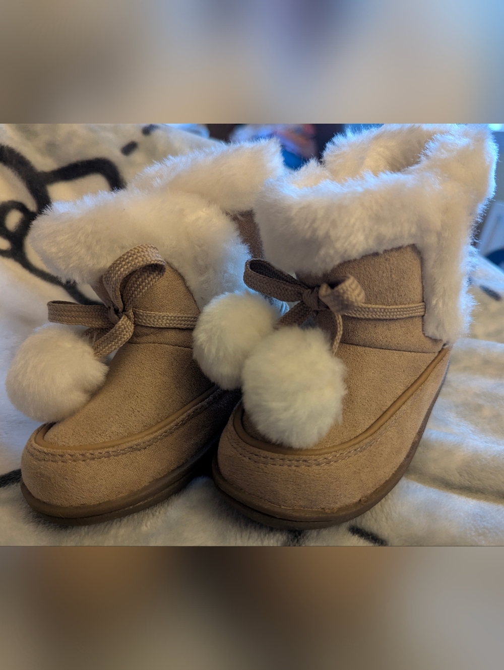Kids Connection Pom Pom Tan Faux Suede Step In Casual Fur Lined Boots